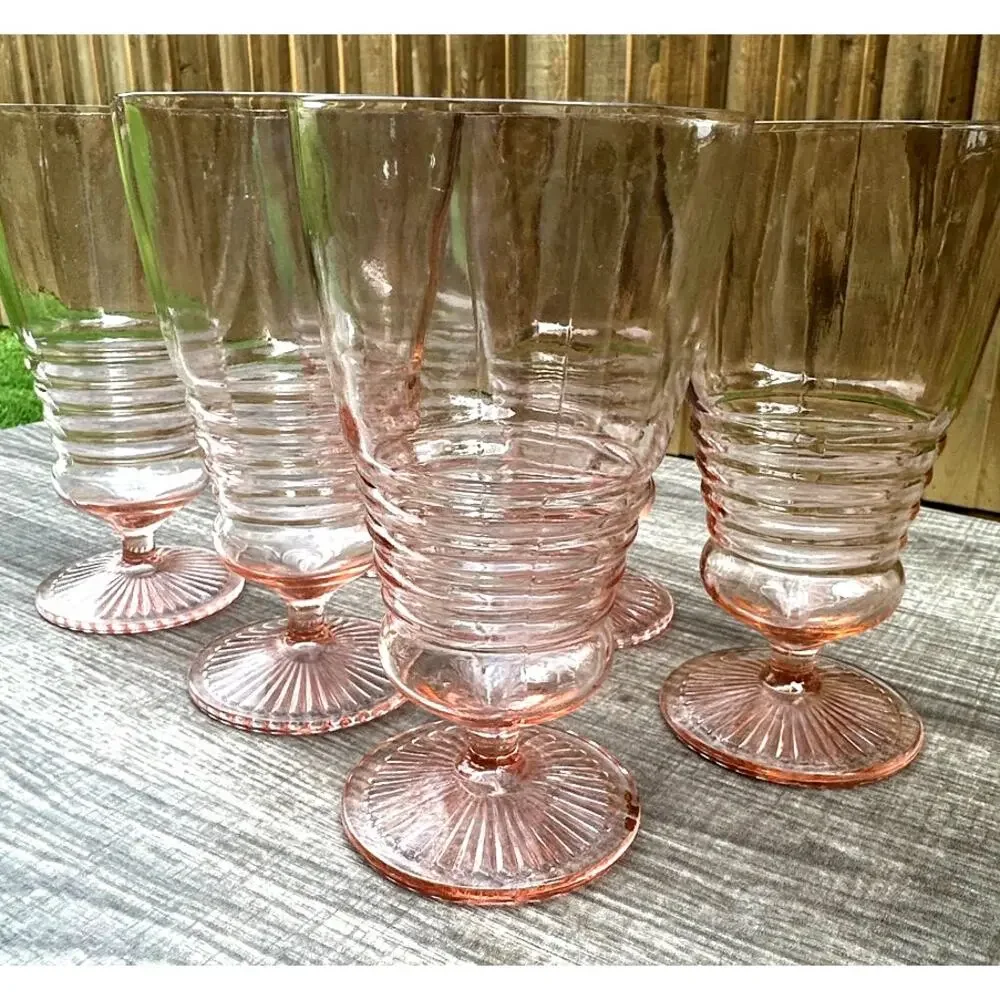 1930's-40's Vintage Pink Depression Glass Footed Soda Fountain Tumblers Set of 5